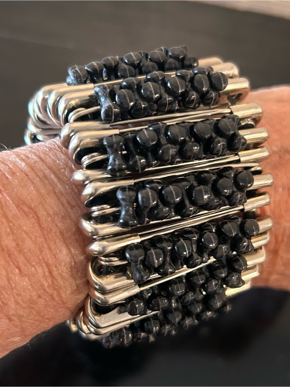 Safety Pin Stretchy Beaded Silver-Tone and Black Bracelet